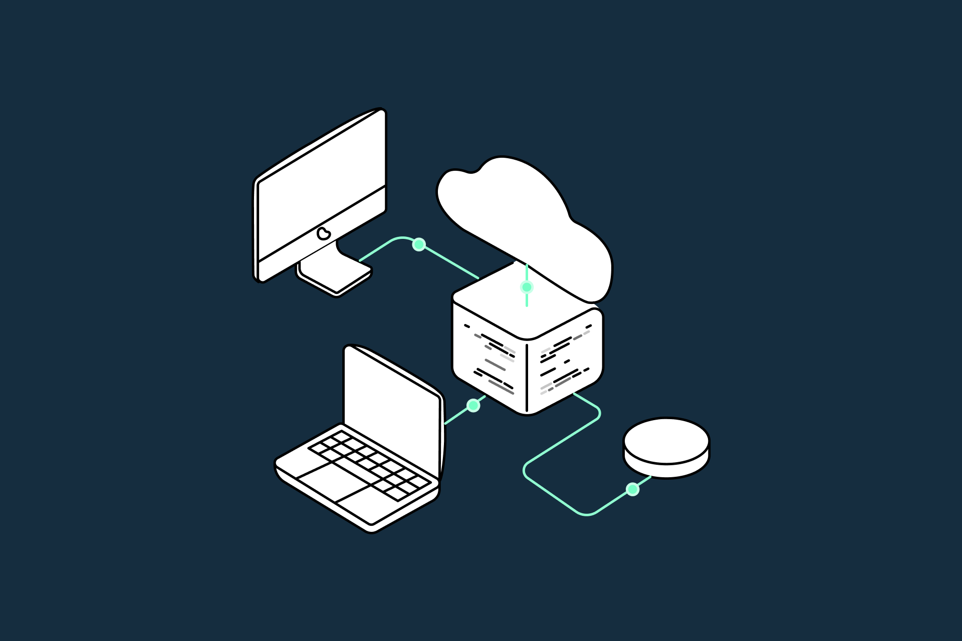 A minimalist isometric line drawing showing a desktop computer, a laptop, and a database connected to a cloud icon by solid lines against a solid purple background.