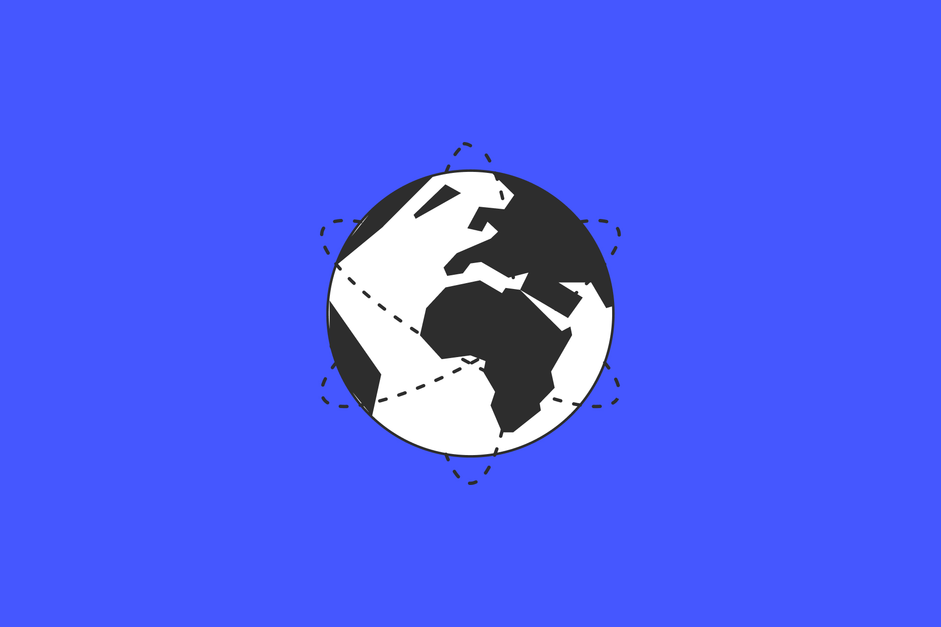 A minimalist line drawing of a globe featuring black and white continents, surrounded by three intersecting dotted-line orbits, set against a solid blue background.