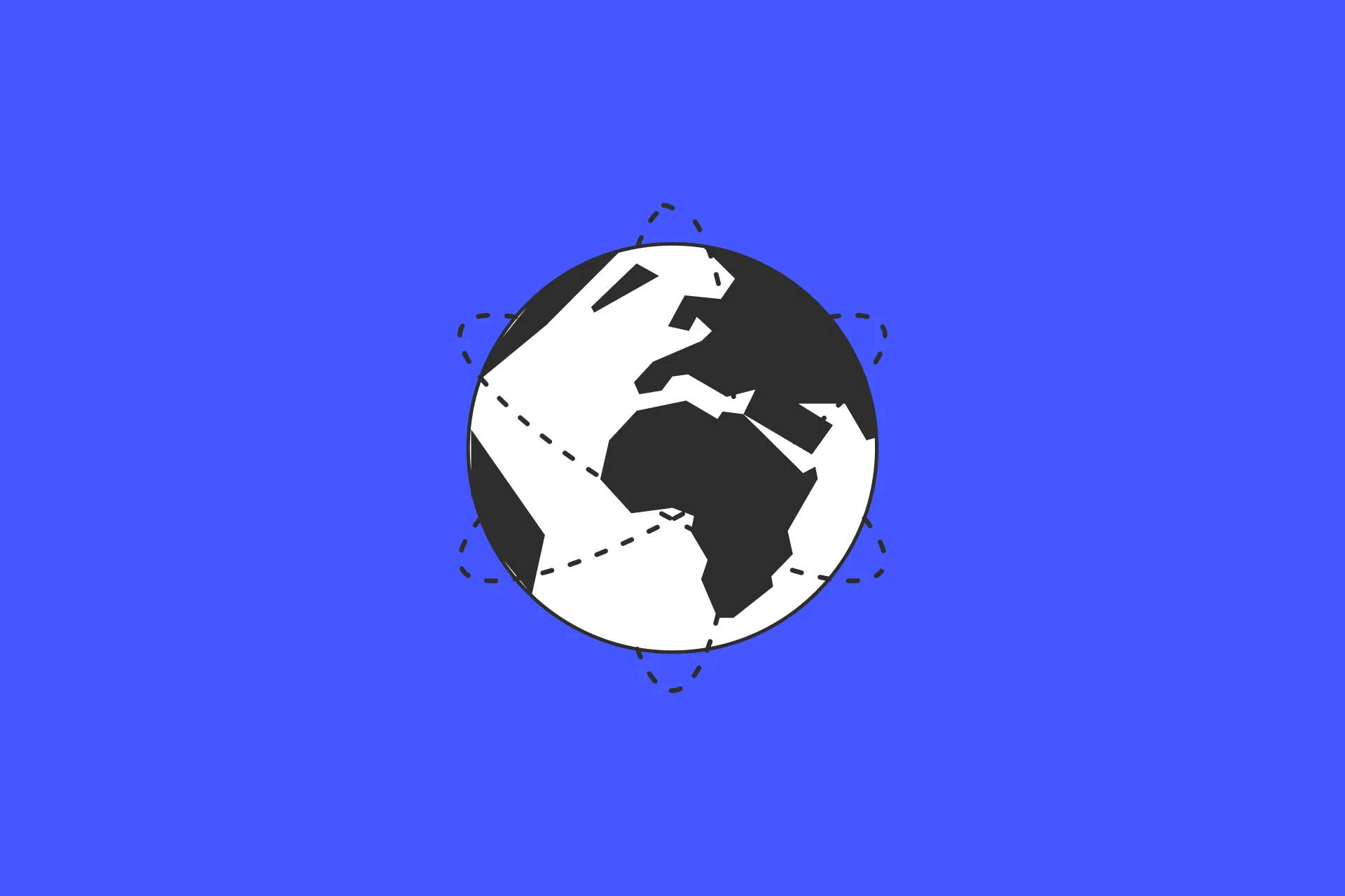 A minimalist line drawing of a globe featuring black and white continents, surrounded by three intersecting dotted-line orbits, set against a solid blue background.