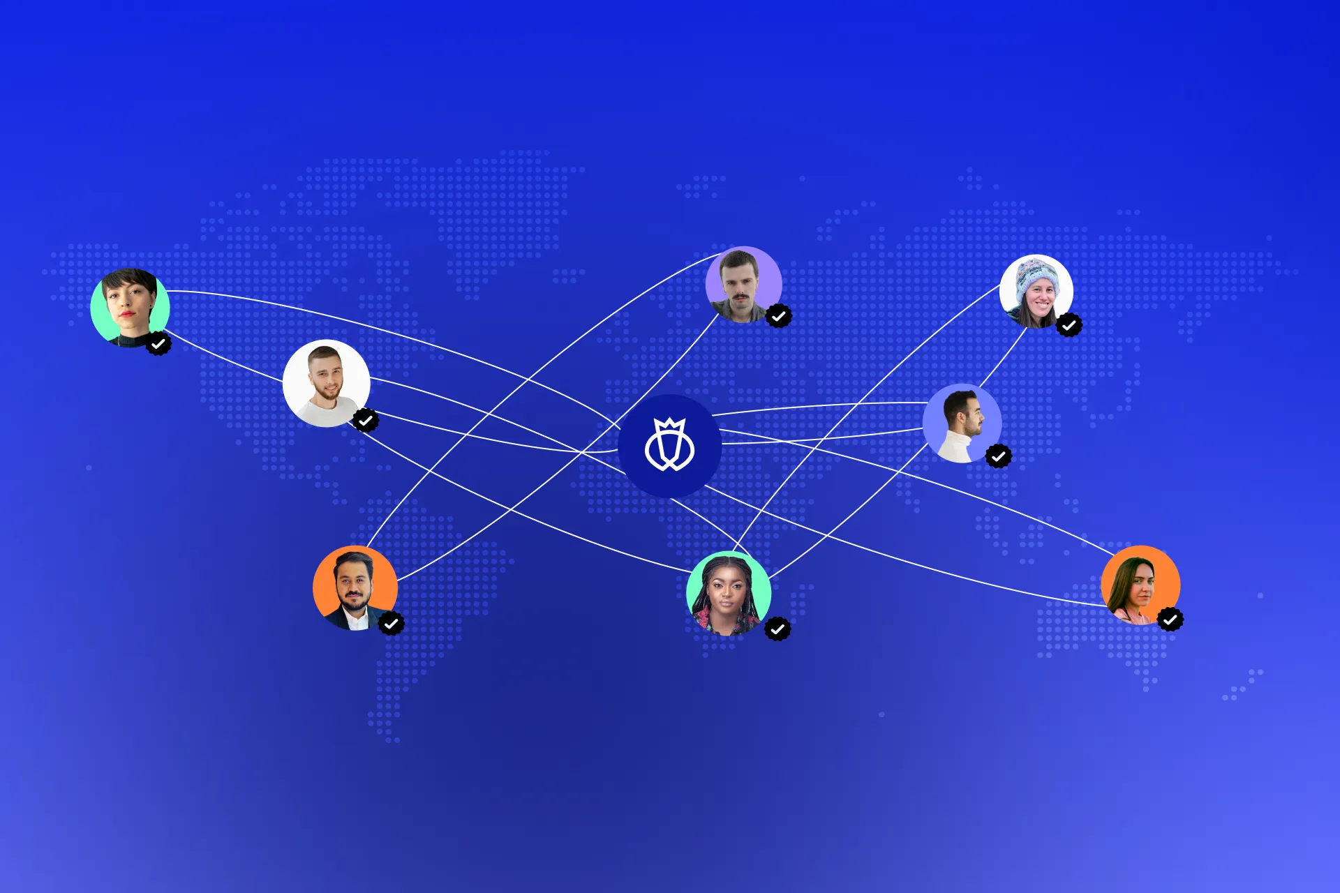 A network diagram shows diverse profile headshots globally connected by white lines to a central Testlio logo over a dotted map, set against a blue background.
