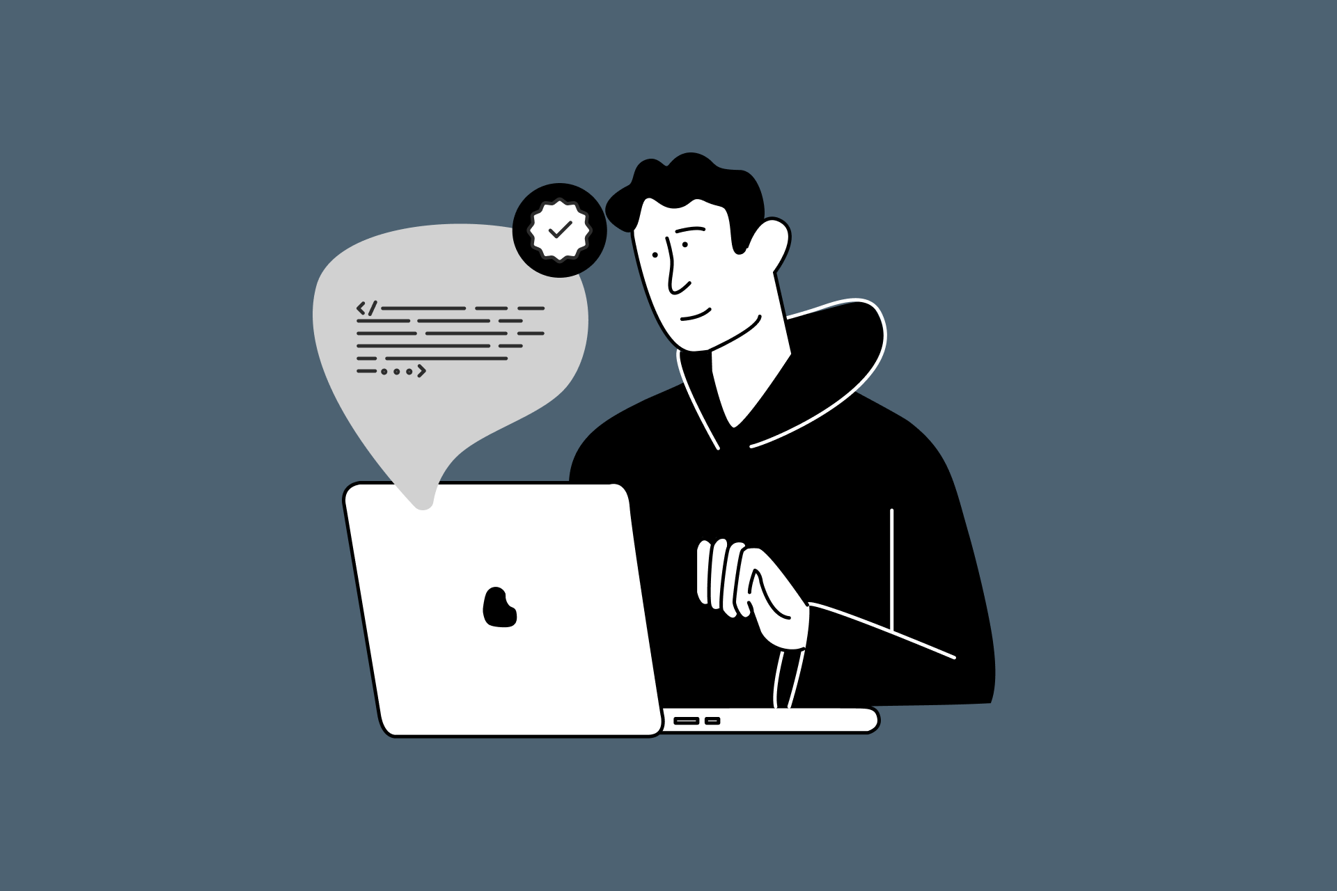 A minimalist line drawing of a person sitting at a laptop with a code-filled speech bubble and a checkmark icon above them, set against a solid dark grey background.