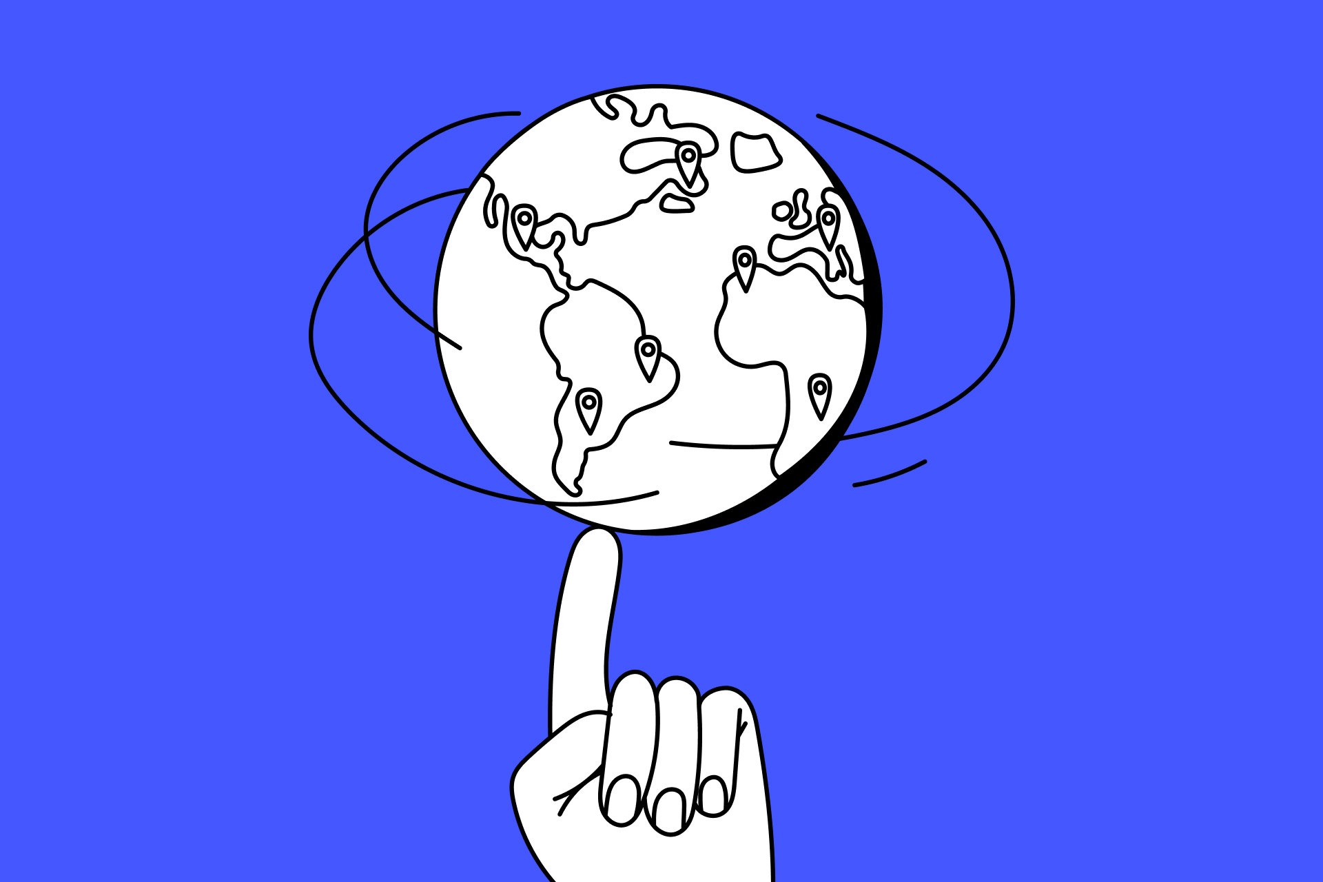A minimalist line drawing of a hand spinning a globe on its fingertip, with several location pin icons on the continents and motion lines around the globe, against a solid blue background.