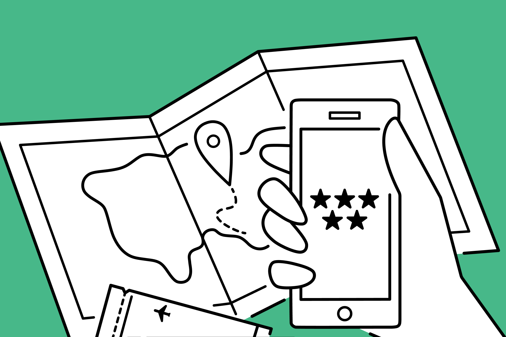 A minimalist line drawing of a hand holding a smartphone with five stars on the screen, positioned in front of a travel map and a boarding pass against a solid green background.