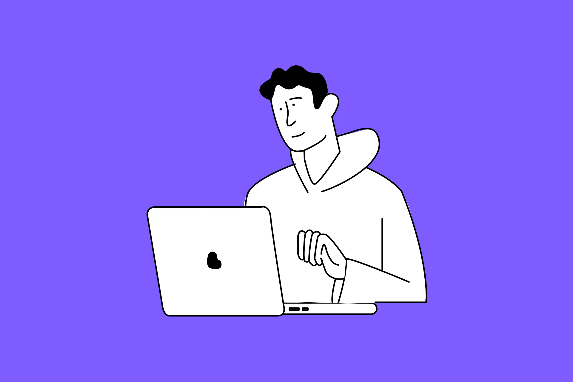 A minimalist line drawing of a person sitting at a laptop, set against a solid purple background.