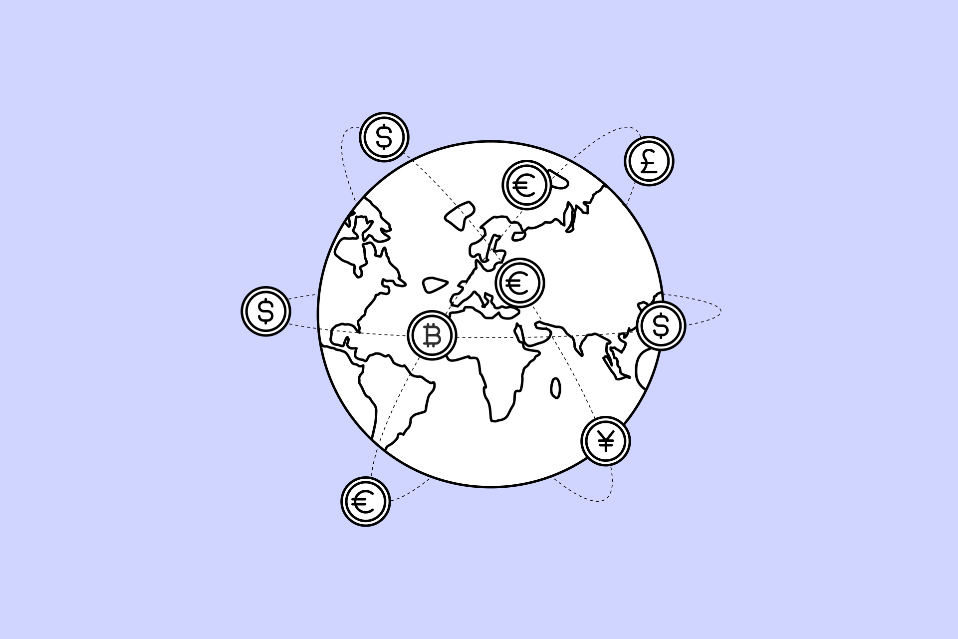Illustration of a globe surrounded by currency symbols including dollar, euro, pound, yen, and bitcoin coins, representing global payment methods