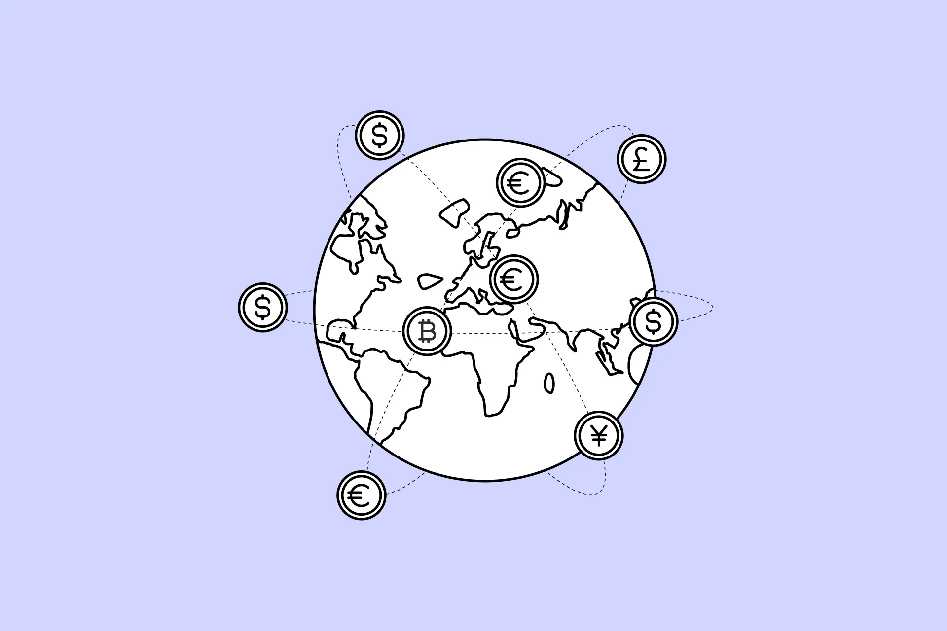 Illustration of a globe surrounded by currency symbols including dollar, euro, pound, yen, and bitcoin coins, representing global payment methods