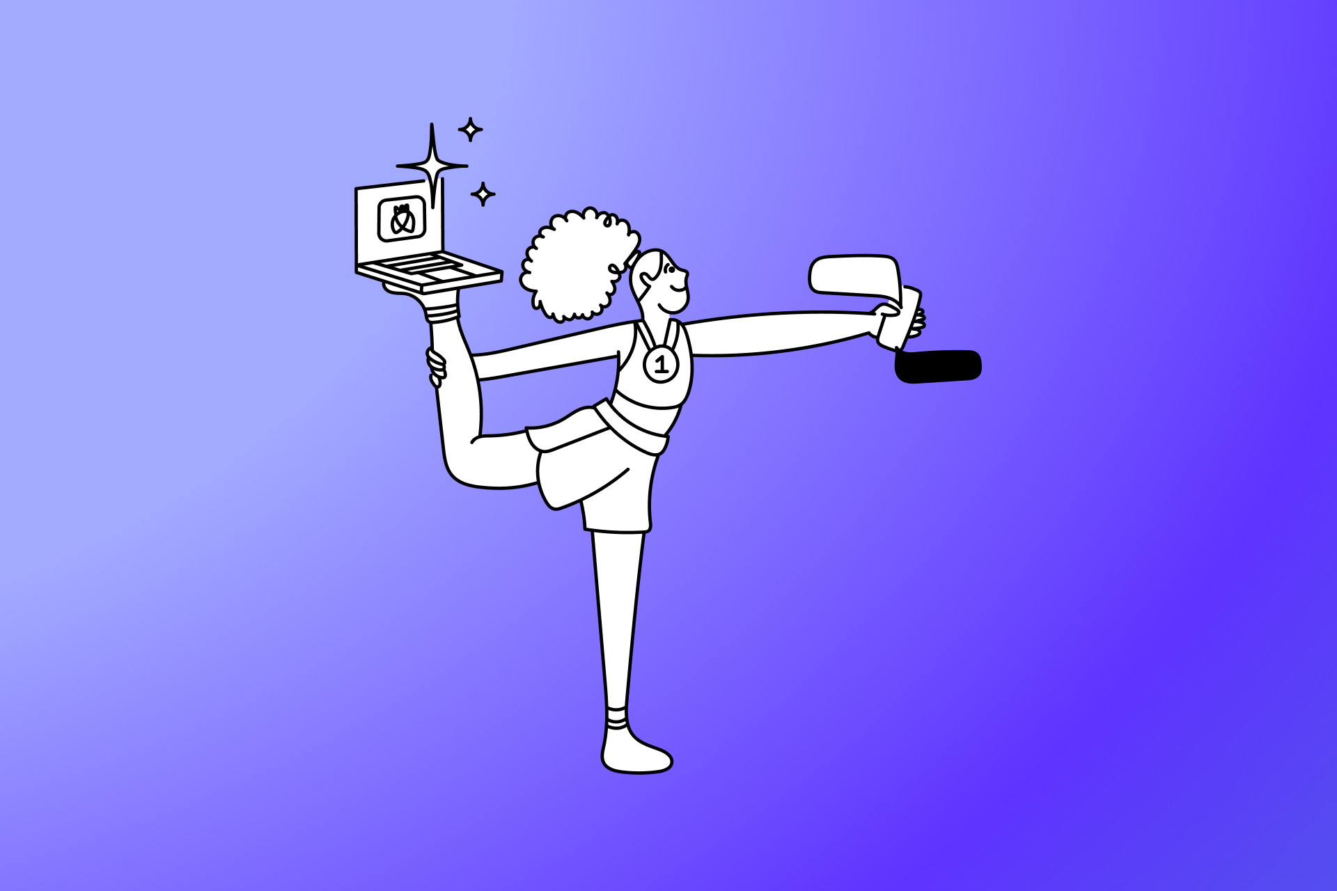 Illustration of a person balancing on one leg while holding up a laptop displaying the Testlio logo and a mobile device, representing multifaceted usability testing