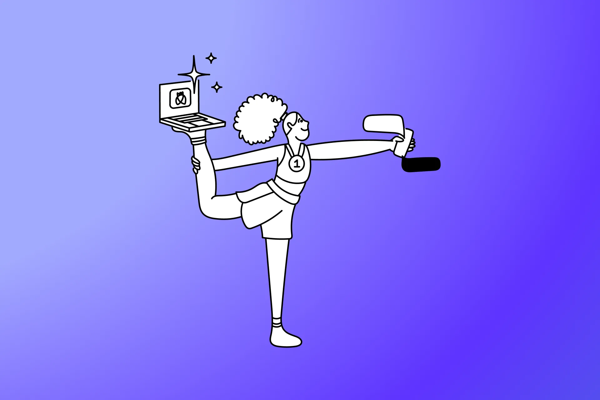 Illustration of a person balancing on one leg while holding up a laptop displaying the Testlio logo and a mobile device, representing multifaceted usability testing