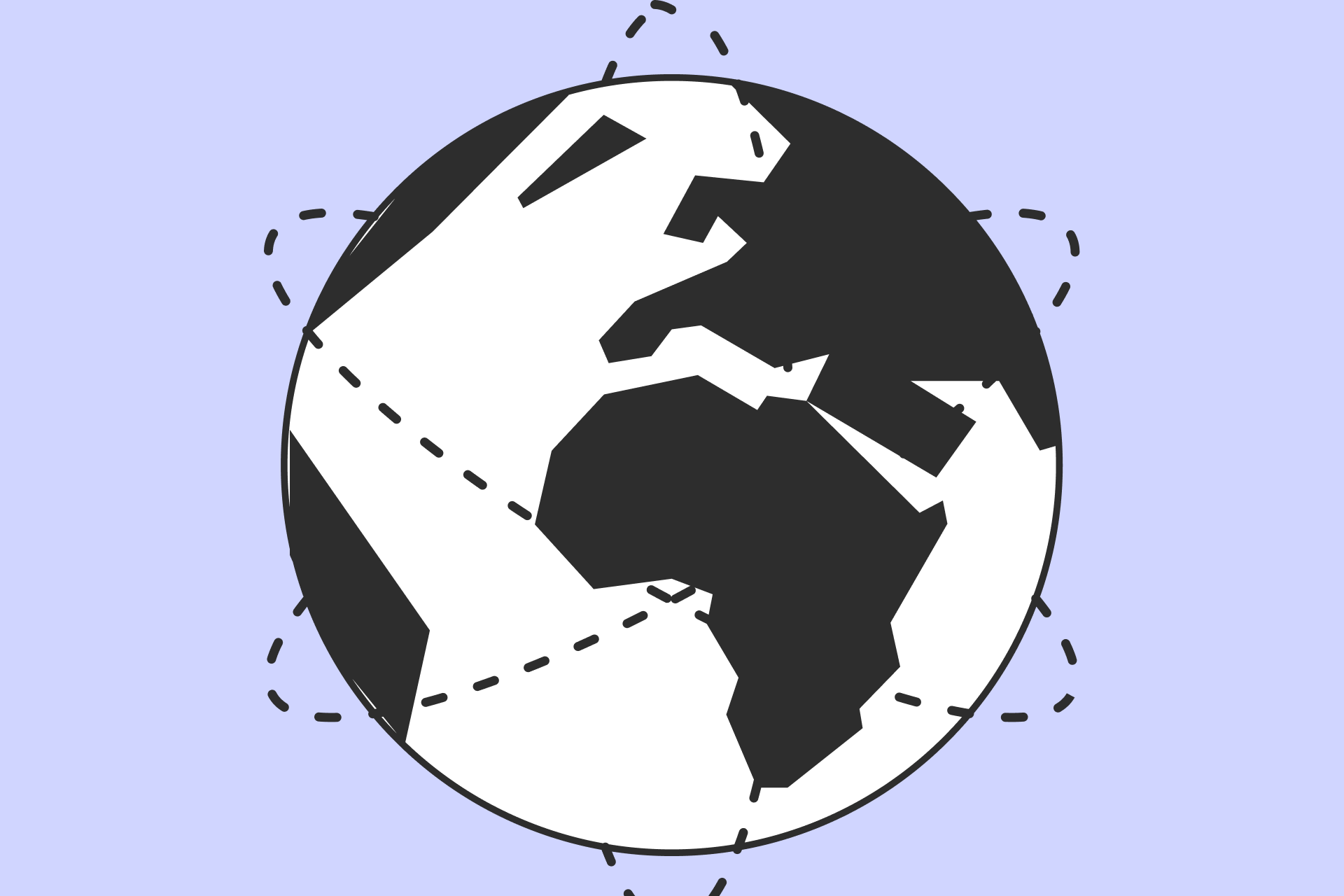 Illustration of a bold graphic globe with a dashed orbit line, representing global software testing coverage