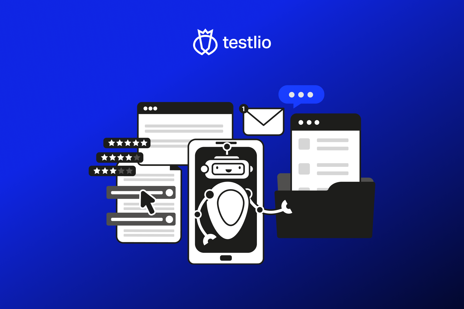 Testlio-branded illustration showing an AI robot character on a smartphone screen, surrounded by UI elements including star ratings, form fields with a cursor, a notification email, a chat bubble, and a file folder — representing the range of interfaces and interactions involved in AI agent testing.