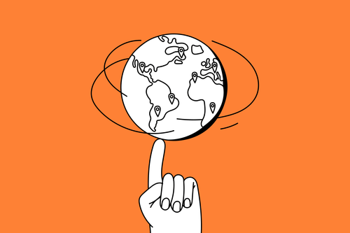 Illustration of a hand balancing a globe marked with location pins, with orbiting lines around it on an orange background.