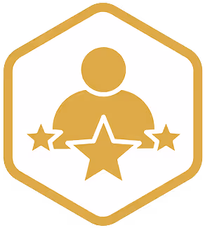 Gold hexagonal badge with a person icon surrounded by three stars symbolizing expertise.
