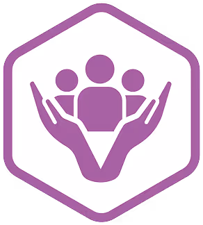 Purple icon of two hands holding three abstract human figures inside a hexagon border.