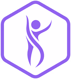 Purple abstract figure with raised arms inside a purple hexagonal border.