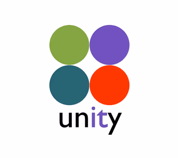 Four colored circles—green, purple, teal, and red—above the word 'unity' with the letters 'i' and 't' in purple.