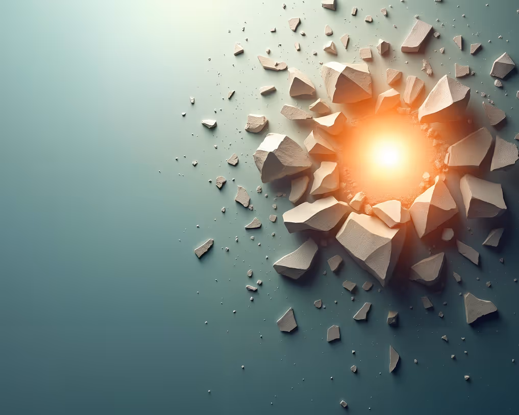 Broken concrete pieces scattered around a glowing bright hole on a smooth surface.