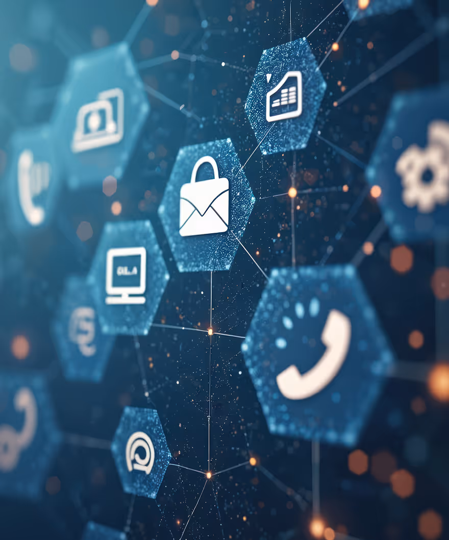 Digital network of floating hexagons displaying communication icons like email, phone, and chat on a blue tech background.