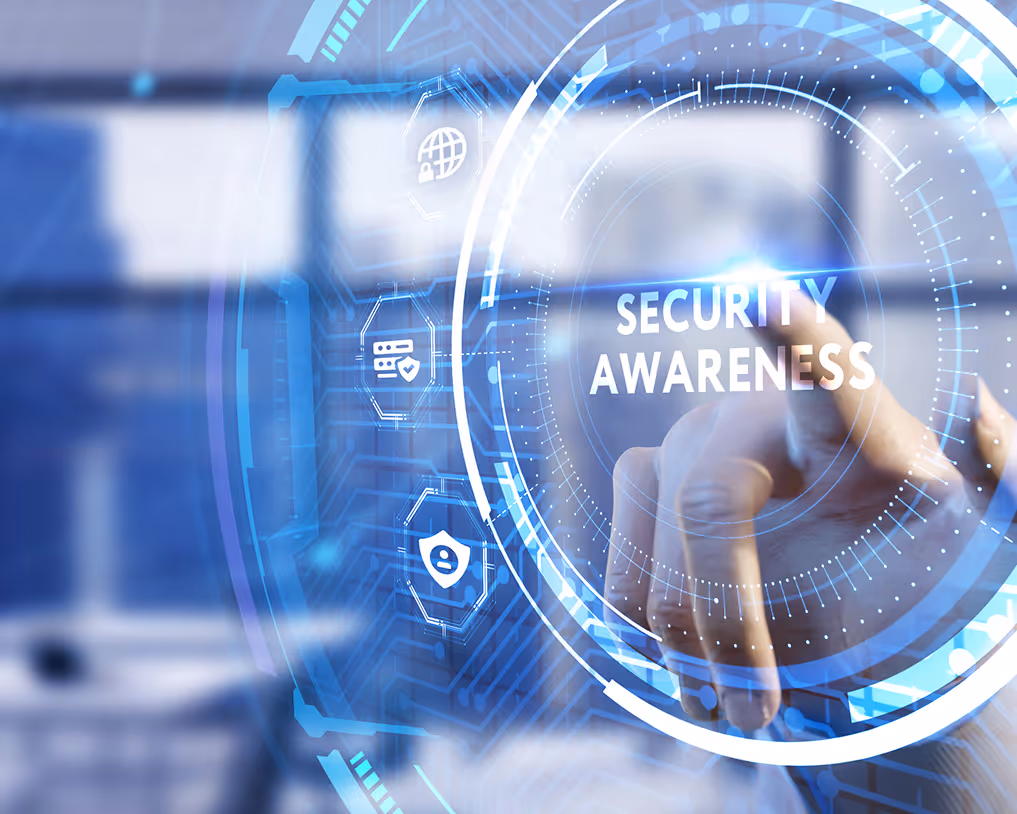 Hand pointing at digital interface with text 'Security Awareness' and security icons in blue tones.
