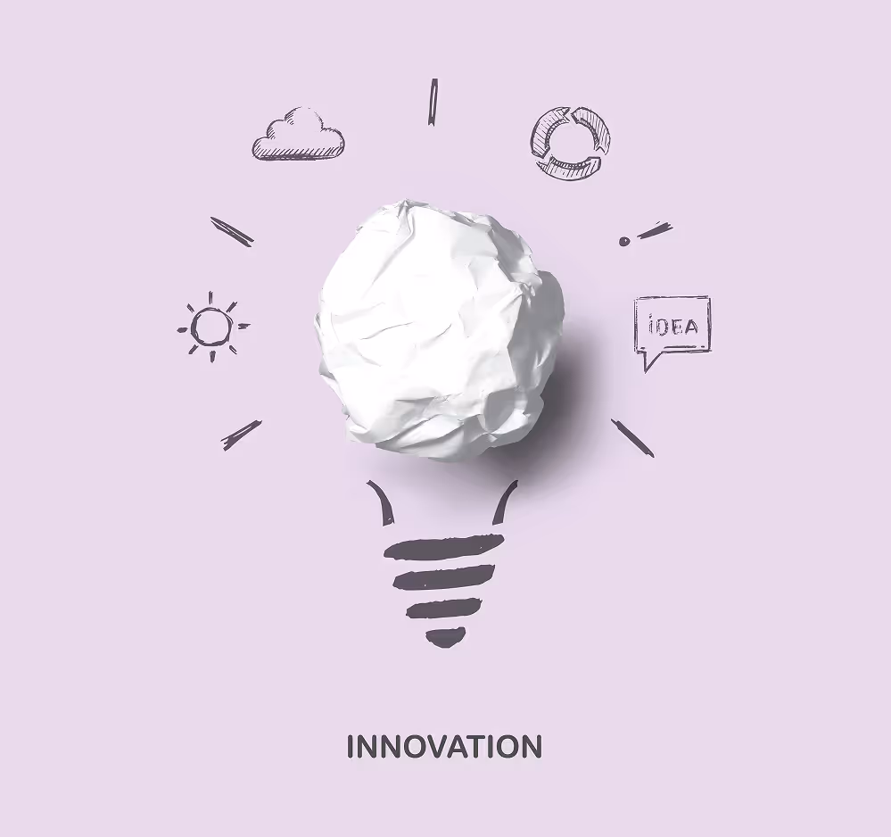 Illustration of a light bulb with a crumpled white paper ball as the bulb and hand-drawn icons around it, labeled Innovation.