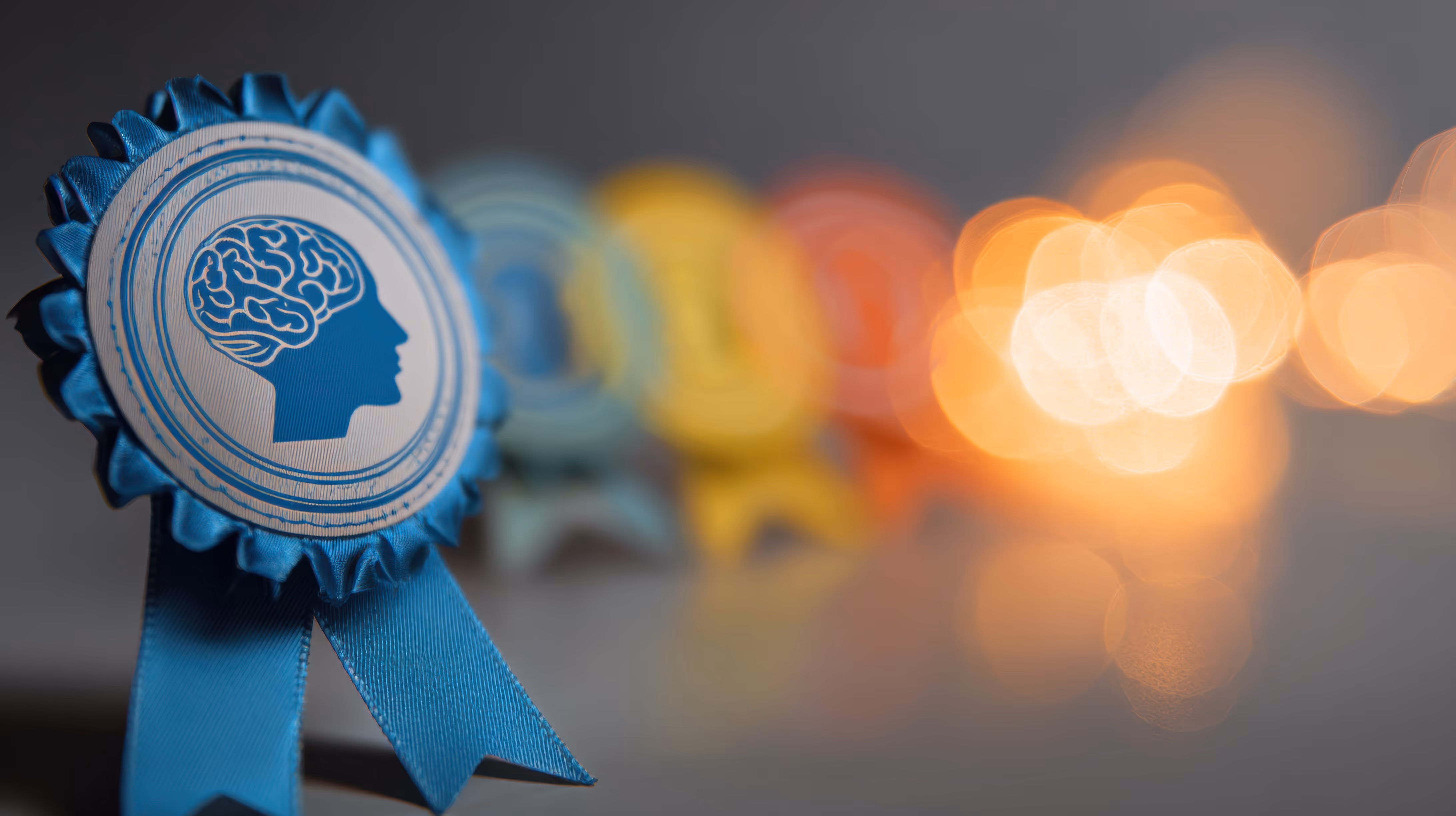 Close-up of a blue ribbon award featuring a profile of a human head with a brain illustration, with other blurred colorful ribbons in the background.