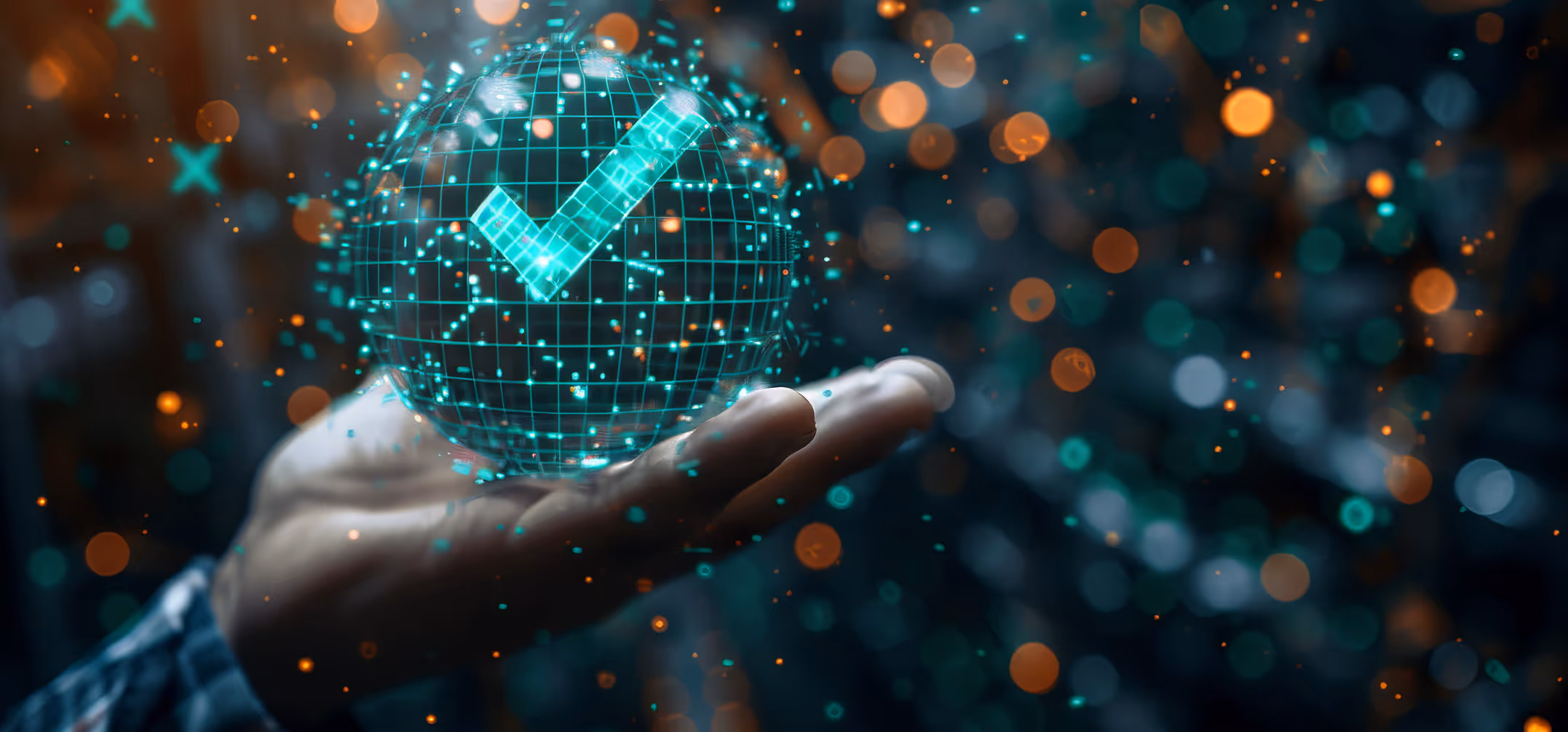 Human hand holding a glowing digital sphere with a checkmark inside, surrounded by floating particles and bokeh lights.