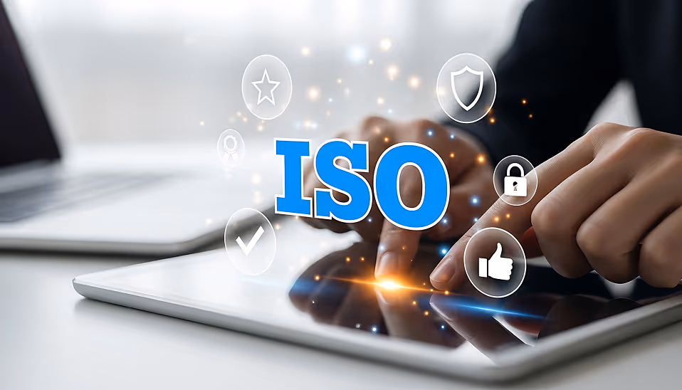 Person interacting with a tablet displaying the word 'ISO' surrounded by icons representing quality, security, and approval.