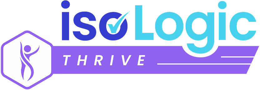 isoLogic logo with a stylized human figure in a hexagon and the word THRIVE in purple banner.