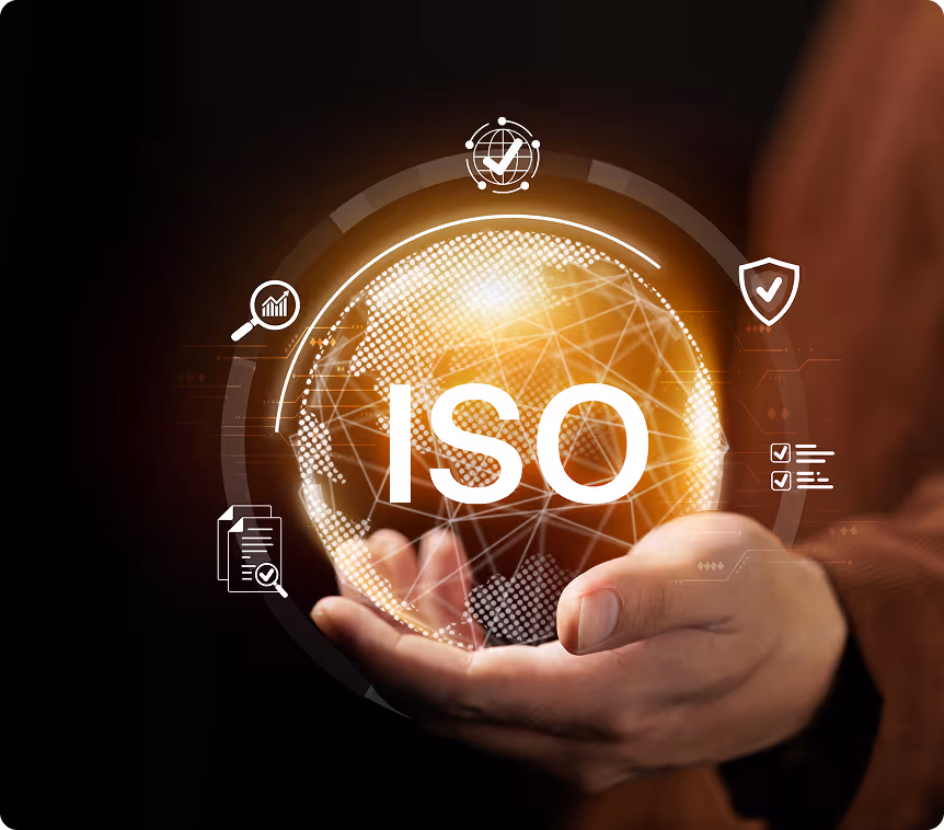 Hand holding a glowing digital globe with the text 'ISO' and certification-related icons around it.