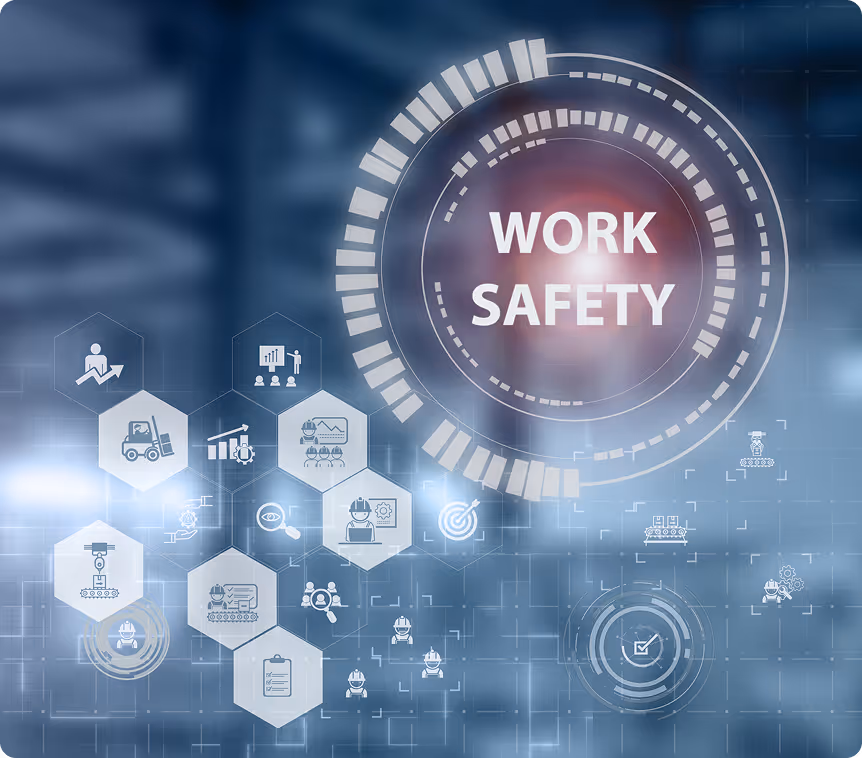 Digital interface with industrial safety icons and the text 'WORK SAFETY' in the center of a futuristic circular graphic.