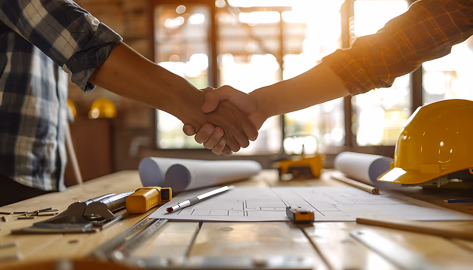 Two people shaking hands over a table with architectural plans, tools, and a yellow hard hat.