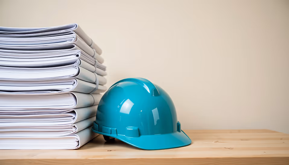 Stack of rolled blueprints next to a teal construction helmet on a wooden surface.
