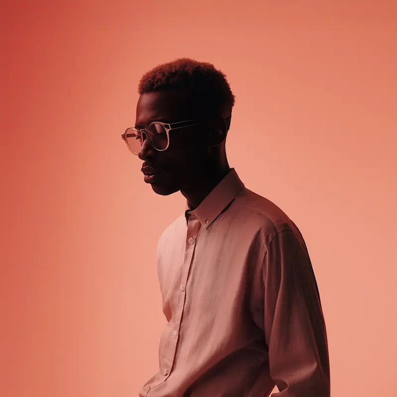 Brown skinned man with glasses wearing brown shirt in brown background.