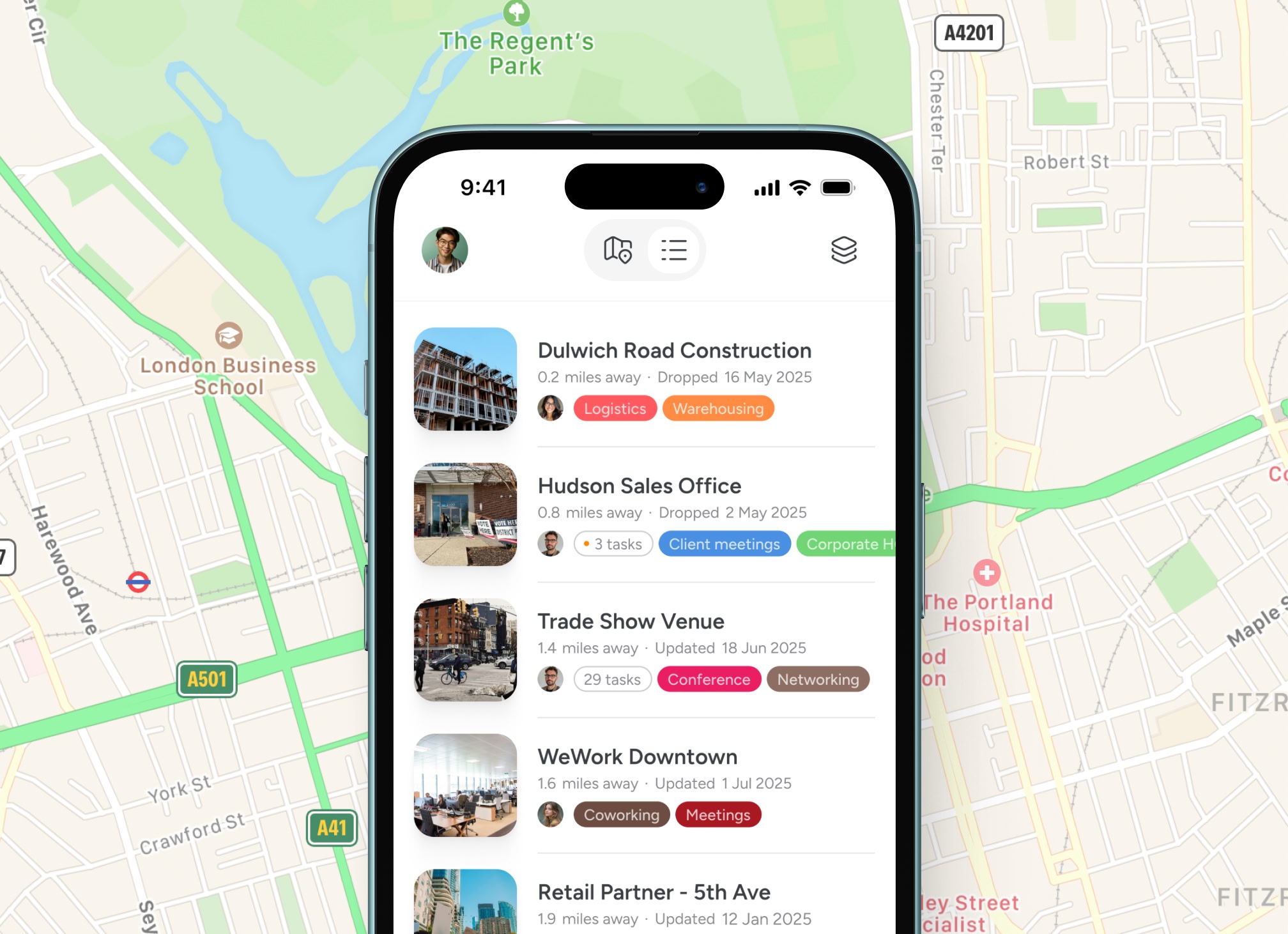 Pin Drop mobile app showing a list of work locations on a map, including construction sites, offices, and venues with tasks, tags, and recent updates.