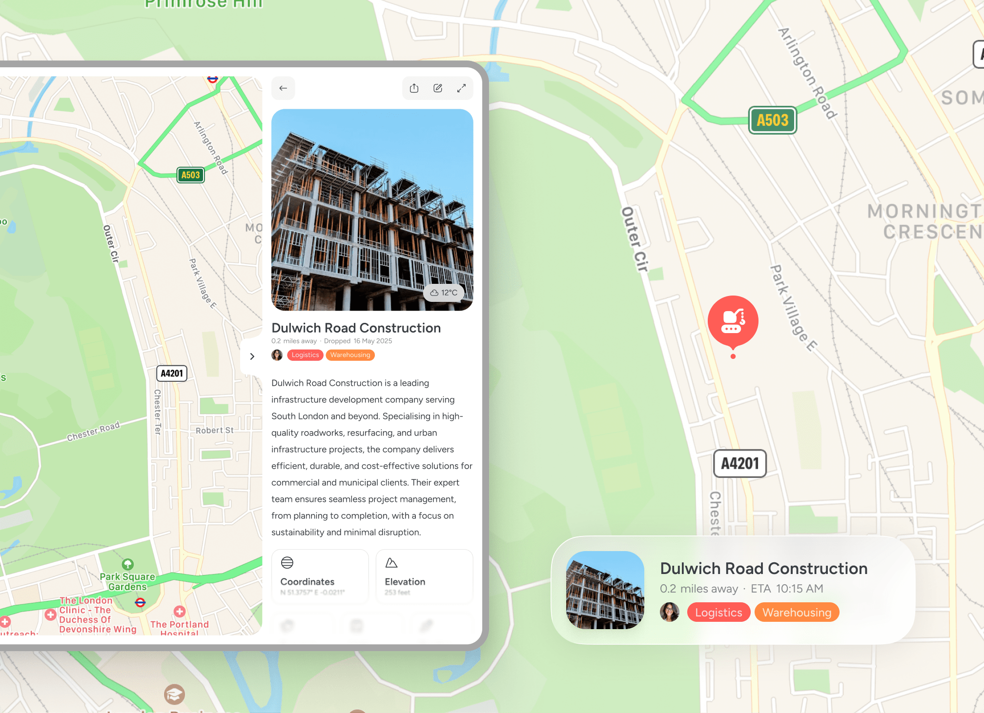 Pin Drop showing a location card and map view with the same place details visible across devices.