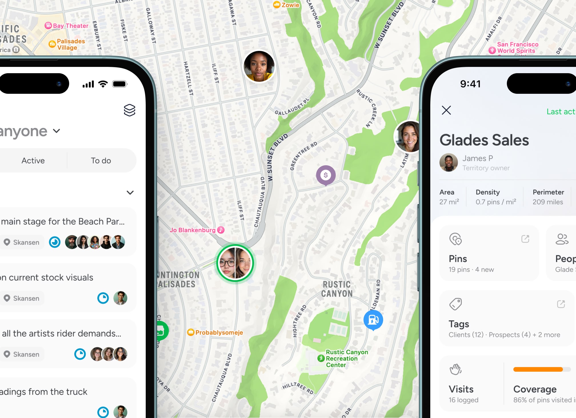 Pin Drop showing team members and shared work across multiple locations on a map.