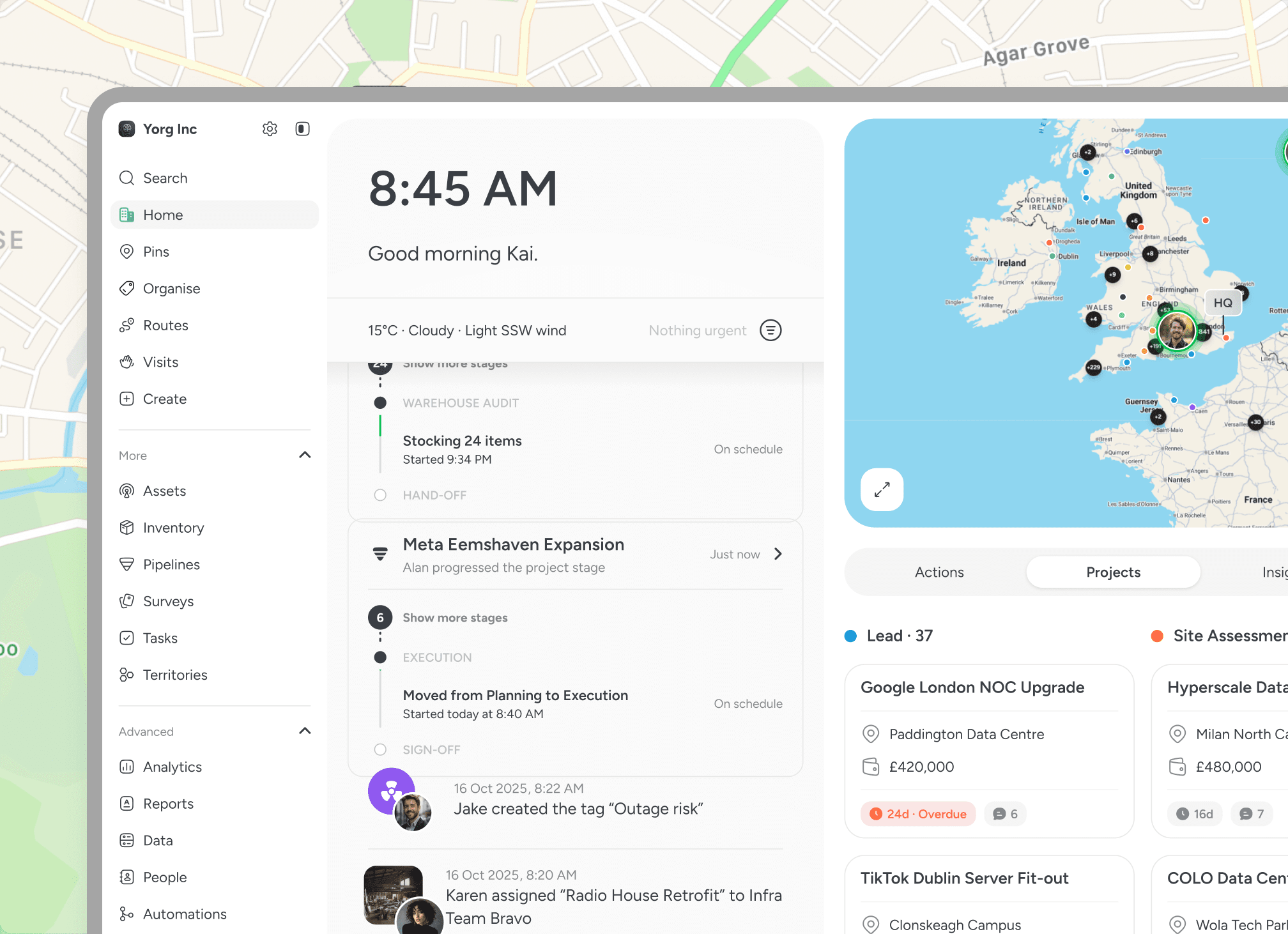Pin Drop dashboard showing a shared map and activity feed with live updates in one workspace.