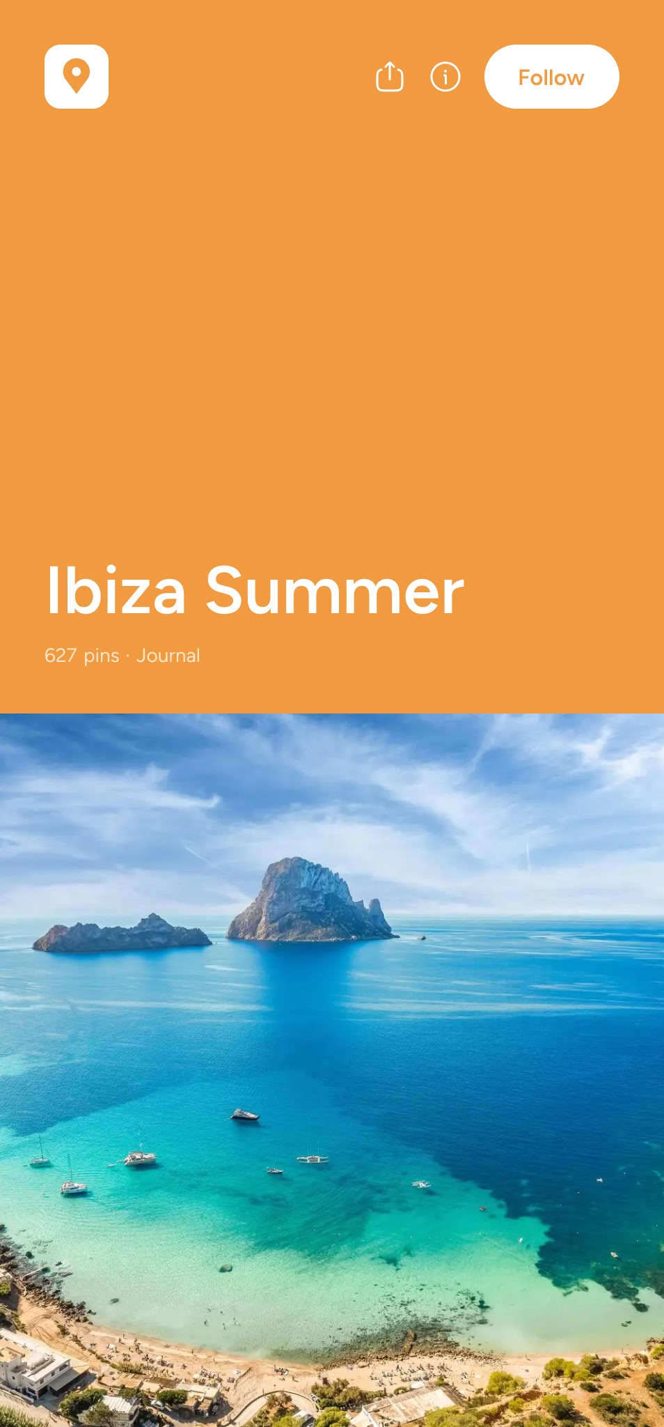 Aerial view of Ibiza coastline with turquoise waters, several anchored boats, sandy beach, and rocky islands under a blue sky.