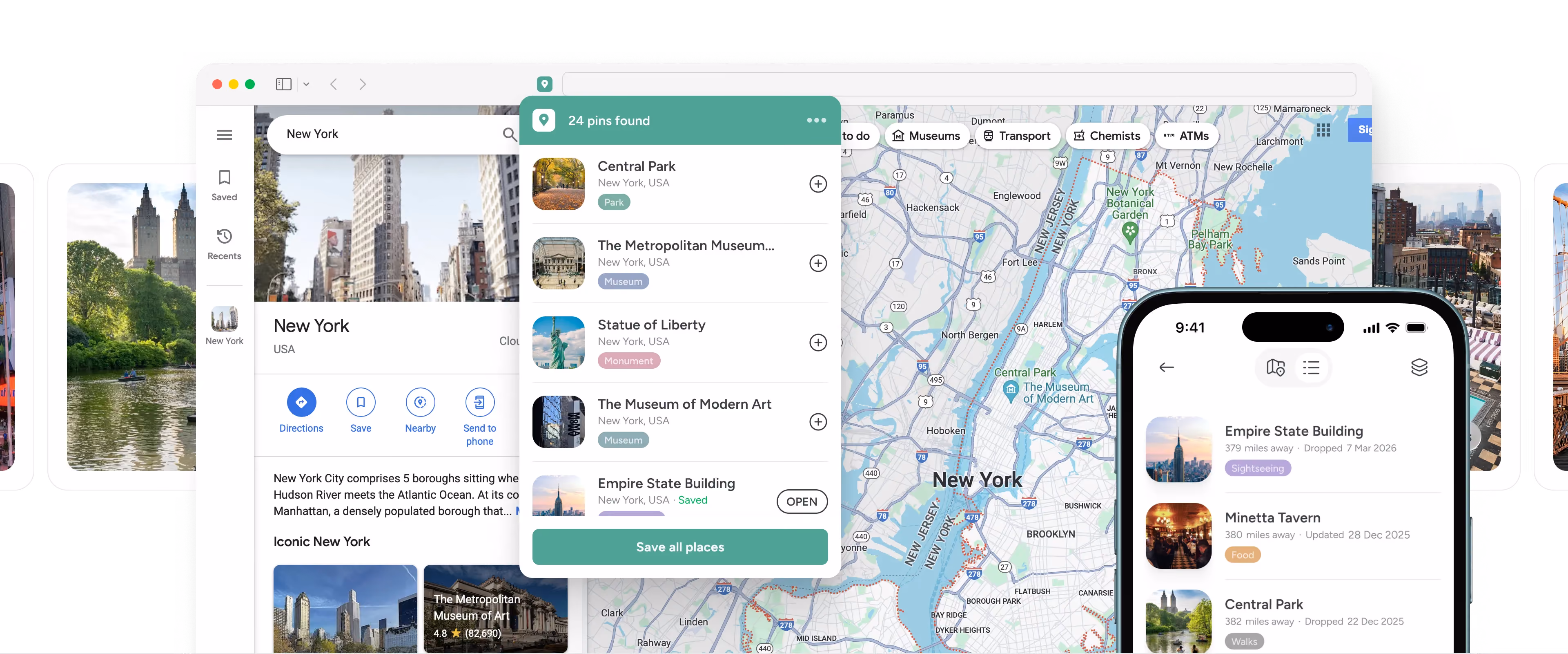 Digital map interface showing New York City with a list of landmarks including Central Park, The Metropolitan Museum, Statue of Liberty, and Empire State Building, alongside a mobile screen displaying nearby places with distances.