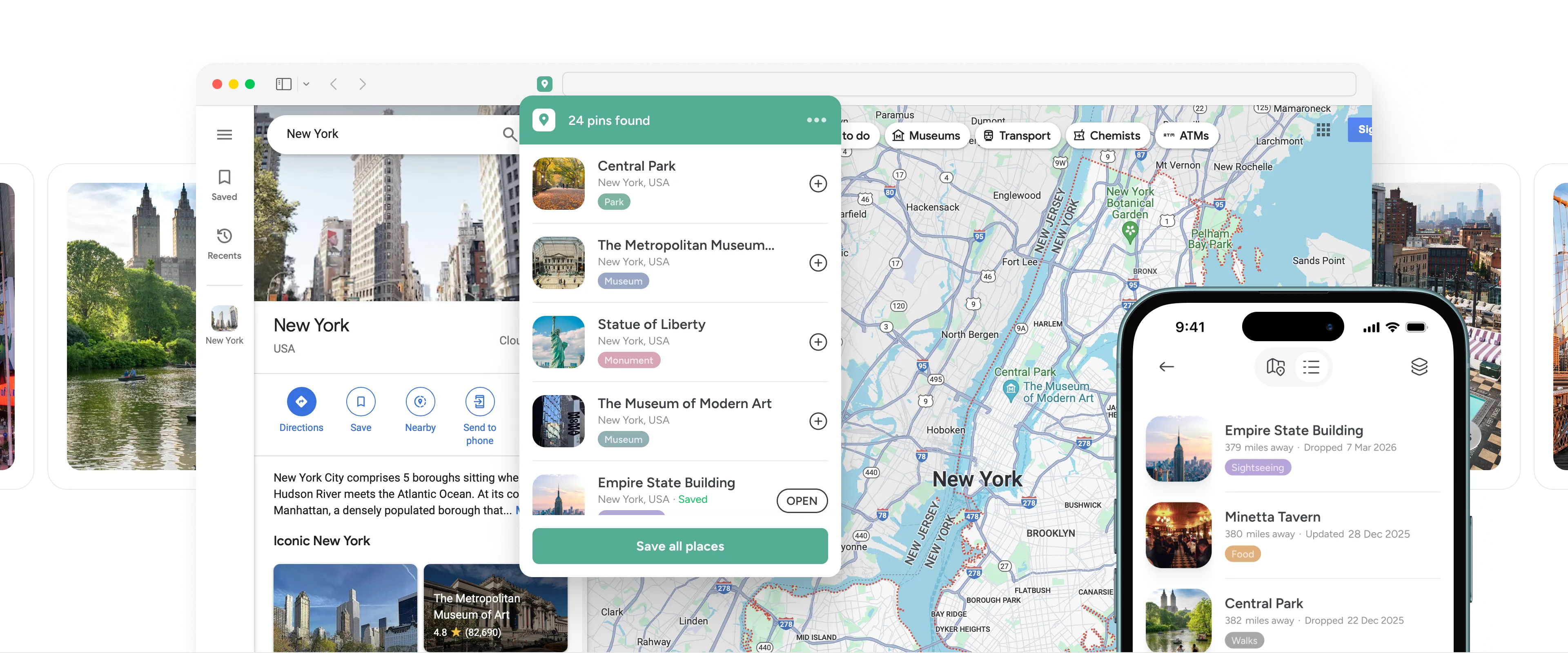 Digital map interface showing New York City with a list of landmarks including Central Park, The Metropolitan Museum, Statue of Liberty, and Empire State Building, alongside a mobile screen displaying nearby places with distances.