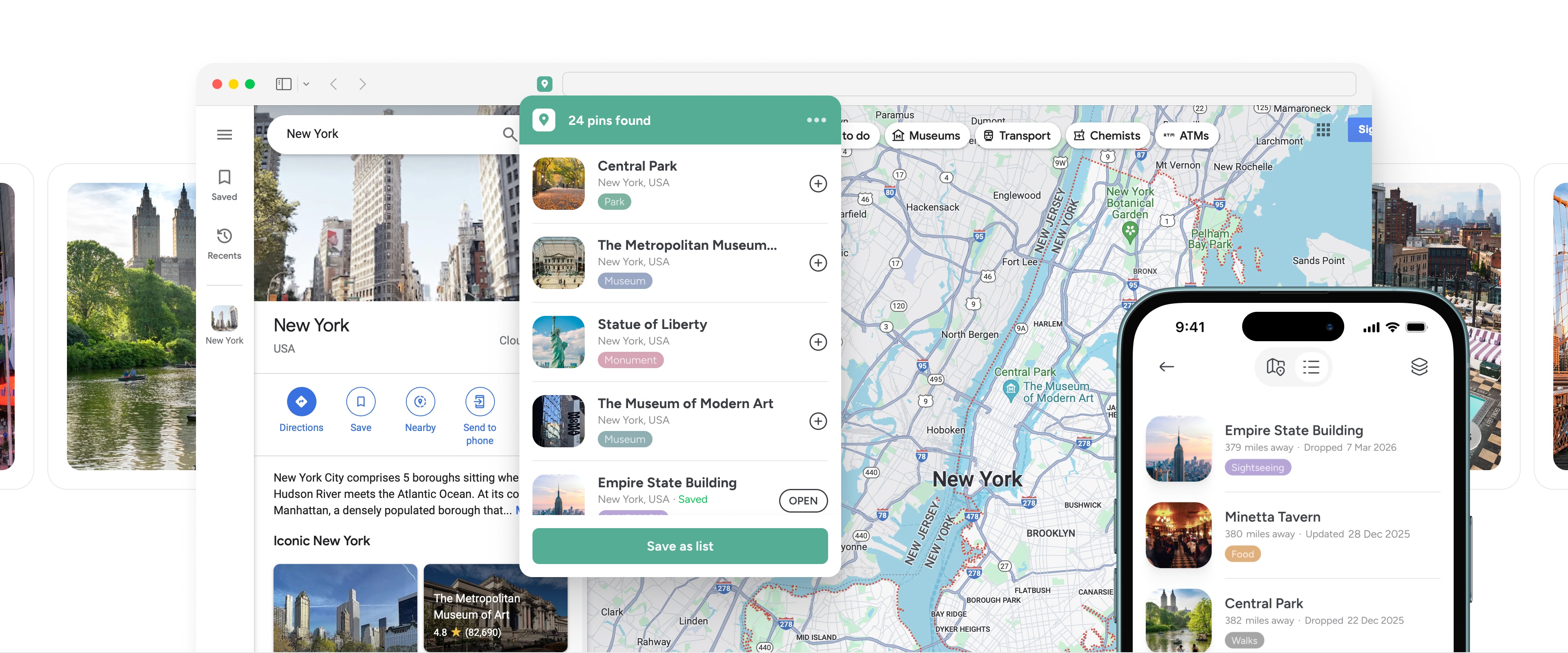 Digital map interface showing New York City with a list of landmarks including Central Park, The Metropolitan Museum, Statue of Liberty, and Empire State Building, alongside a mobile screen displaying nearby places with distances.