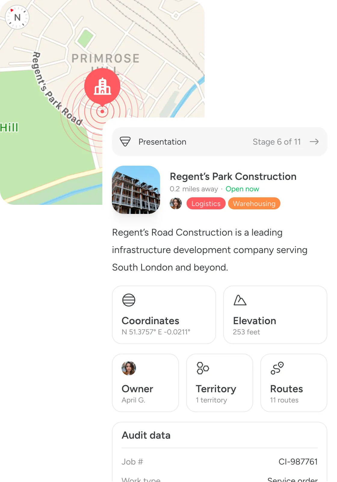 A saved pin showing a site's map location, last visit, next action and owner