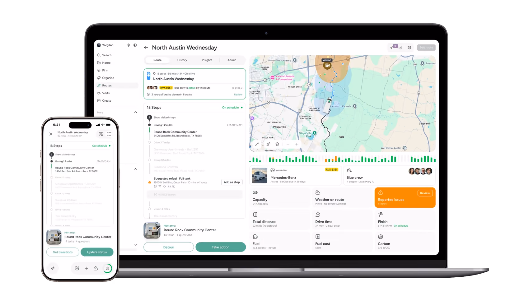 A real Pin Drop workspace: places, a route and the live map a team works from