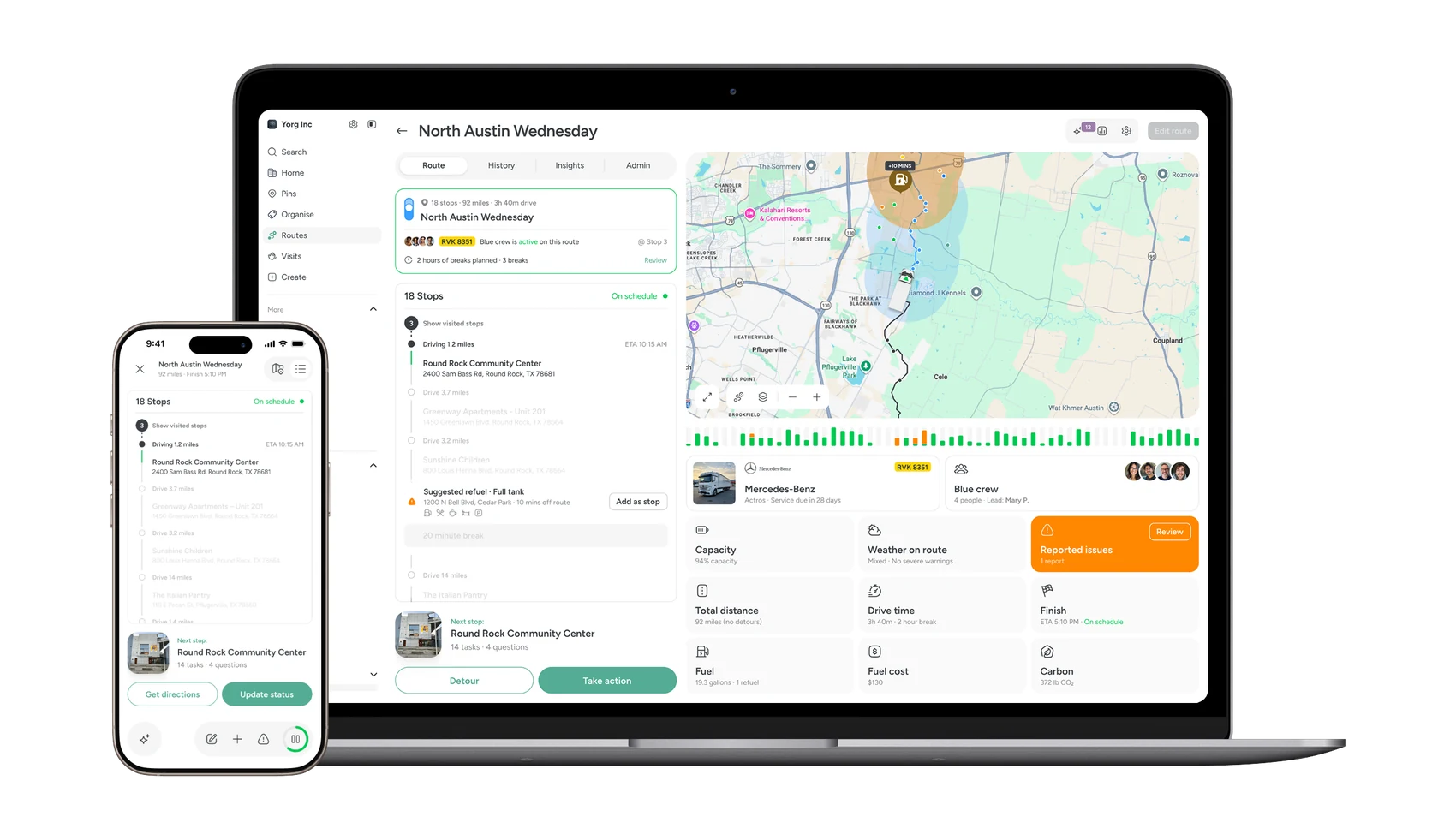 A real Pin Drop workspace: places, a route and the live map a team works from