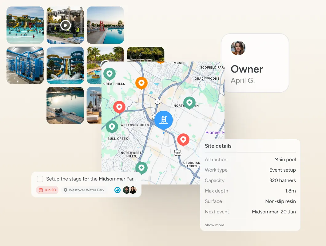 A Pin Drop workspace for a water park with the main pool pinned on the map, a grid of park photos, an owner card, a task to set up the Midsommar party stage and a Site details panel listing capacity, depth and the next event.