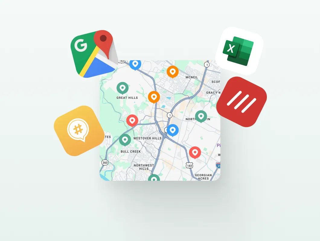 A shared map covered in coloured location pins, ringed by the Google Maps, spreadsheet and Mapstr app icons, showing places brought in from different sources onto one map.