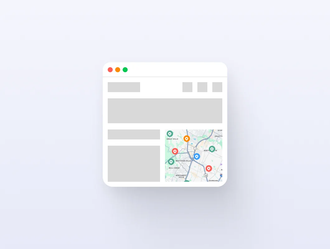 Browser window with map showing colored location pins on a city road network.