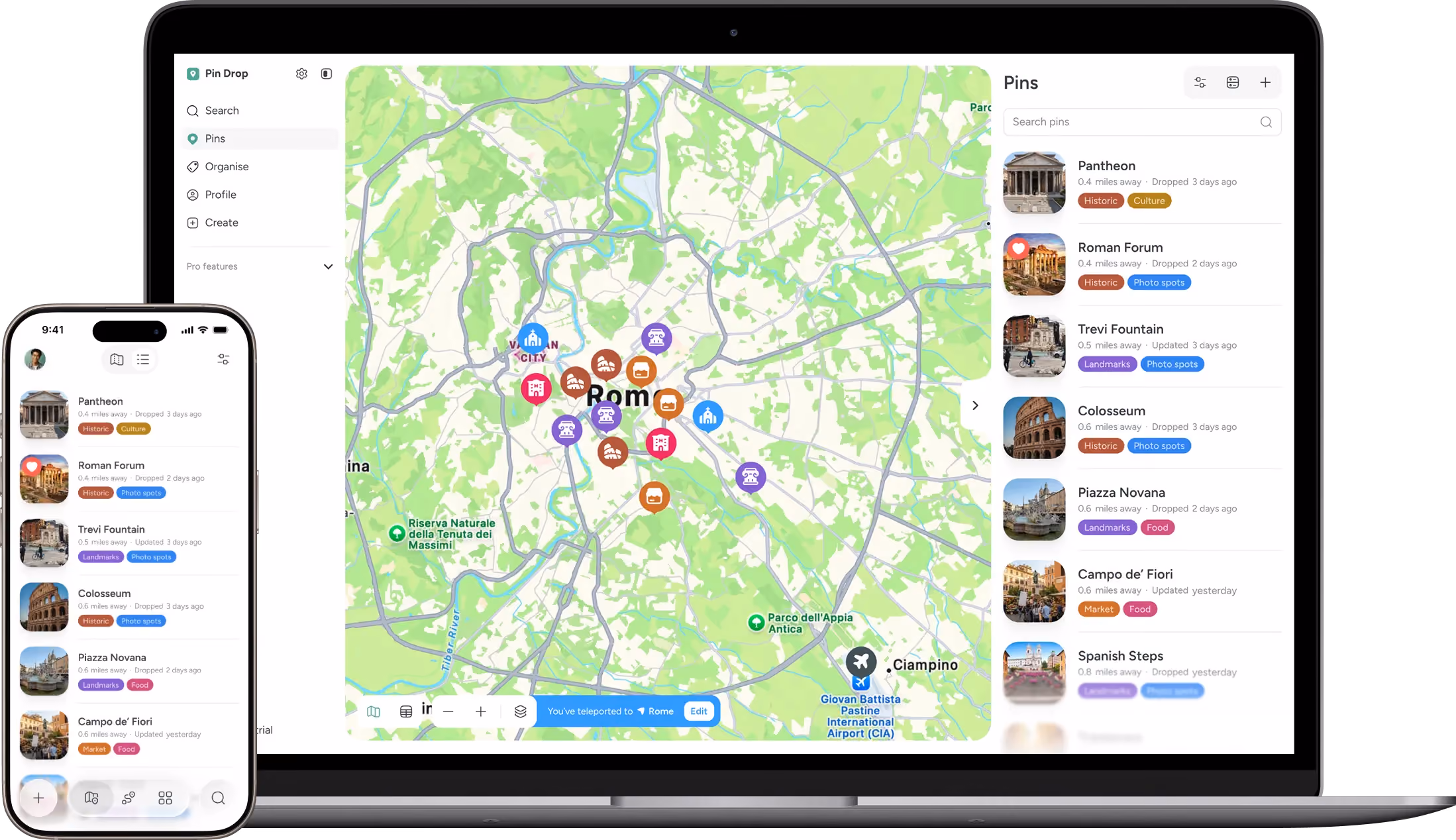 Map of Rome with pins marking landmarks like Pantheon, Roman Forum, Trevi Fountain, and Colosseum on laptop and phone.