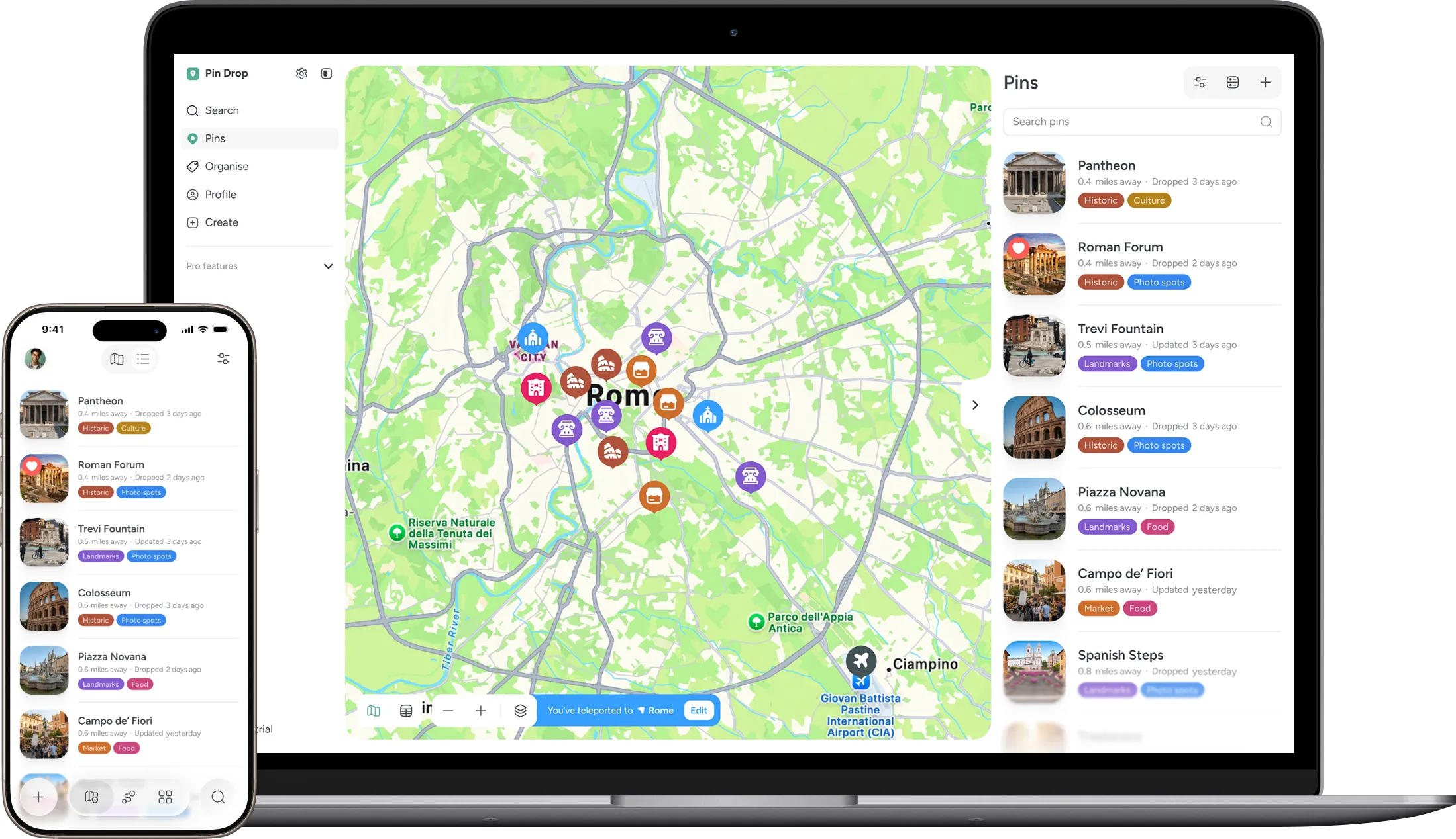 Map of Rome with pins marking landmarks like Pantheon, Roman Forum, Trevi Fountain, and Colosseum on laptop and phone.