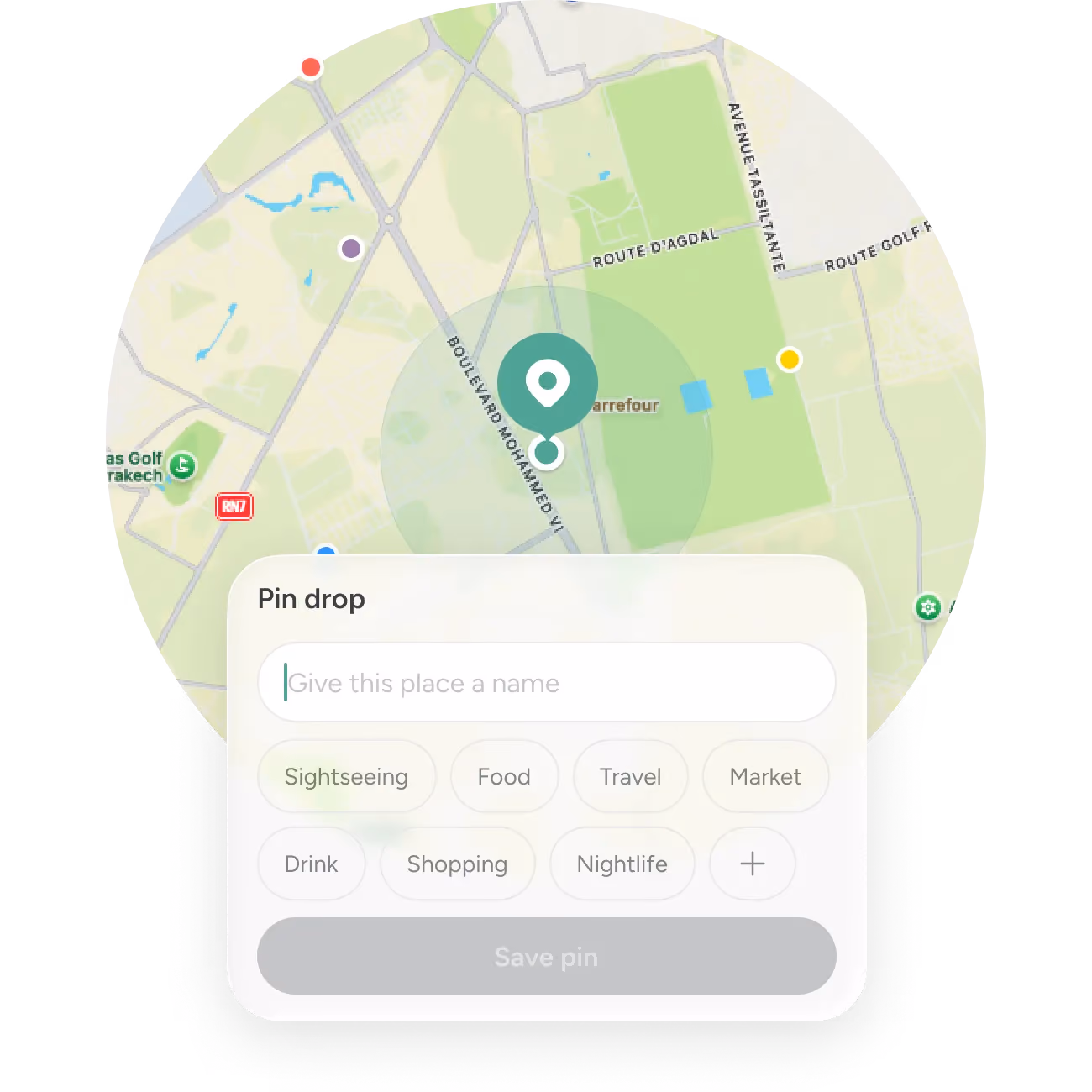 A saved pin showing a site's map location, last visit, next action and owner