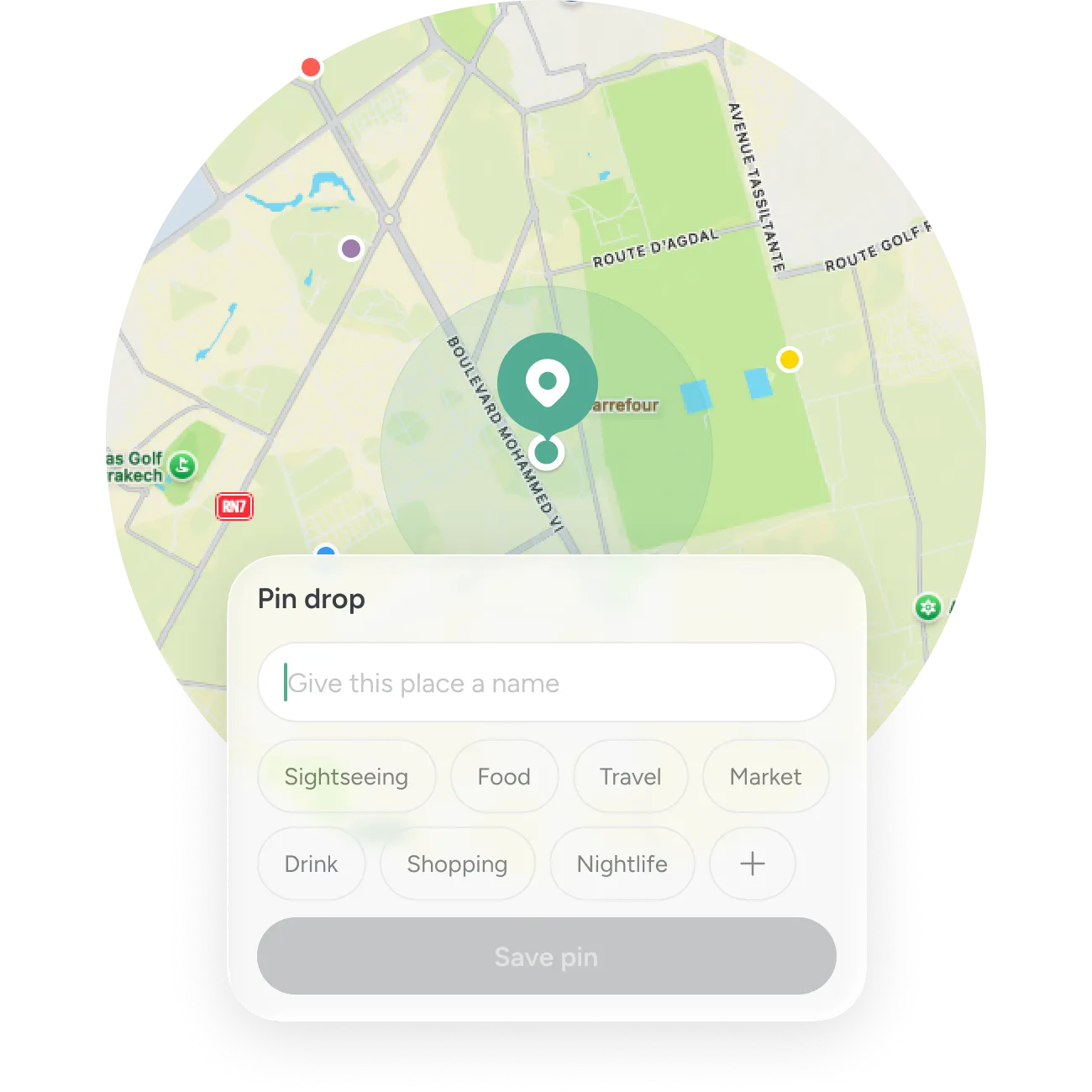 A saved pin showing a site's map location, last visit, next action and owner